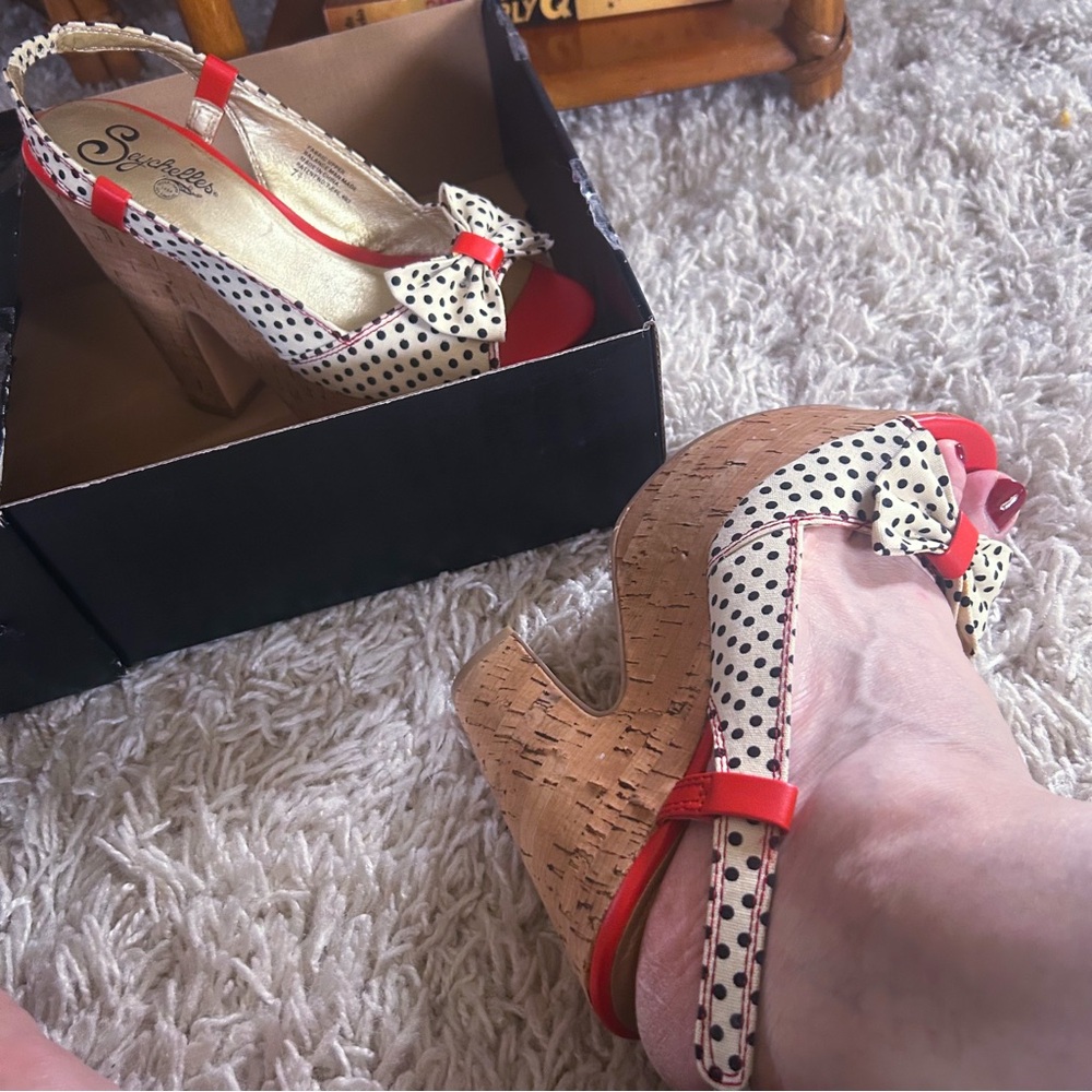 SOLD Retro Platform Wedges | Slingback | Polka Dot | Seychelles | 40s Style